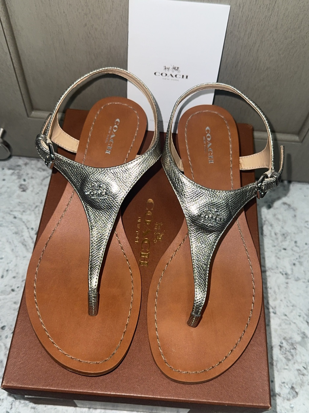Coach Vitalia Slingback Thong Sandals Size 8 Metallic Silver Leather Authentic